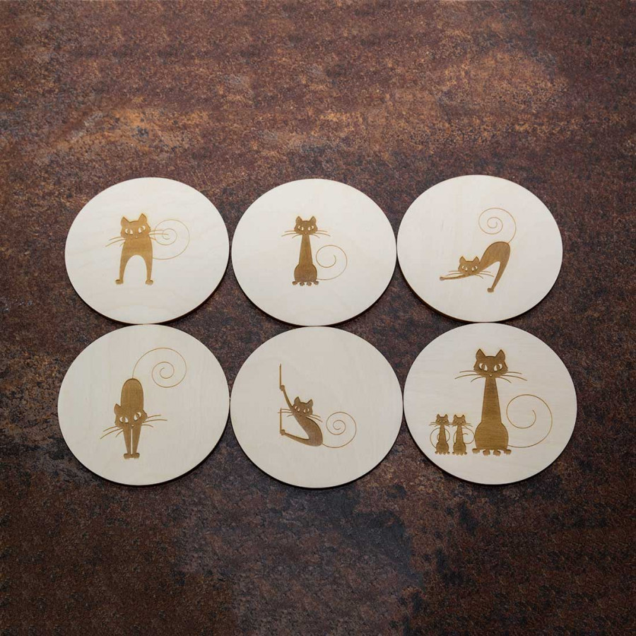 Lot De 6 Dessous De Verre En Bois Motif Chat - Réutilisables, Absorbants - Pour Maison, Bureau, Bar, Cadeau
